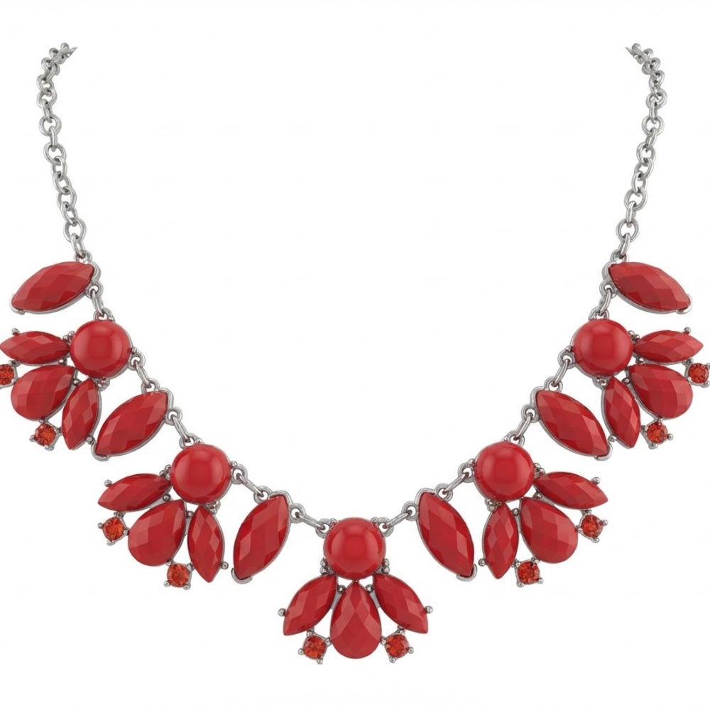 Elegant Silver w/Red Gemstone Glassy Teardrop & Round Beads Statement Necklace